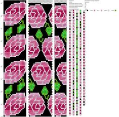 a cross stitch pattern with pink flowers on black and white background, in the style of pixel art