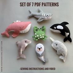 an assortment of stuffed animals sitting on top of a white surface with the words sewing instructions and video written below