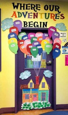 there is a door decorated with balloons and the words where our adventure begins begin on it