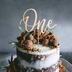 a cake that is sitting on top of a plate with the word one written on it