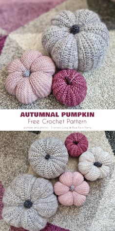 four knit pumpkins sitting on top of a rug with the words, autumn pumpkin free crochet pattern