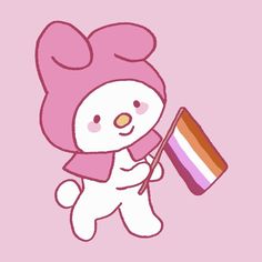 a cartoon bear with a pink hat holding a candy bar in one hand and a rainbow flag in the other