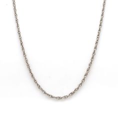 Platinum Chain by Jewelove Metal : Platinum Platinum Purity : 95% Purity Mark : Pt 950 Width : 2 mm Estimated Weight : 3.37 grams ( 16 inches ) Certificate of Authenticity : Platinum Guild International This chain is not eligible for exchange or refund. Classic Silver Rope Chain Necklace Gift, Classic Silver Rope Chain Necklace As Gift, White Gold Round Rope Chain Necklace, Classic Round Rope Chain Necklace, White Gold Wheat Chain Link Necklace, Classic White Gold Necklace With Wheat Chain, Classic White Gold Wheat Chain Necklace, White Gold Necklace With Wheat Chain, Classic Round Rope Chain Necklaces