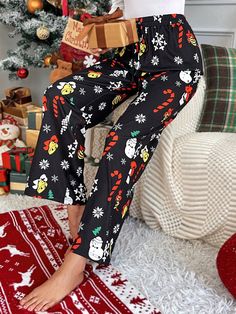 1pc Women Christmas Print Elastic Waist Straight Leg Pants, Homewear For Holiday Season, Autumn/Winter Black Boho   Knitted Fabric Animal,Christmas Wide Leg Slight Stretch  Women Clothing, size features are:Bust: ,Length: ,Sleeve Length: Animal Christmas, Grey Colour Suit, Fleece Tights, Black Boho, Bandana Hairstyles, Fabric Animals, Women Christmas, Christmas Print, Womens Tights