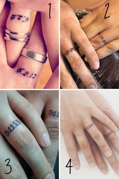 four different types of wedding rings with numbers on each ring and the same number as their names