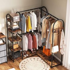 an organized closet with clothes, shoes and handbags on the floor next to a rug