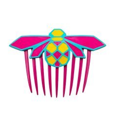 a pink and yellow comb with a bee on it's side, against a white background