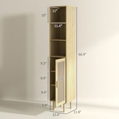 a tall wooden cabinet is shown with measurements for the door and shelf space below it