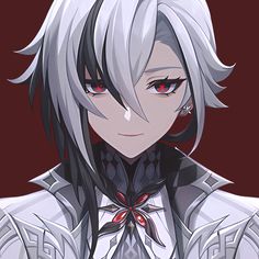 an anime character with white hair and red eyes