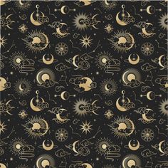 a black background with gold stars and crescents in the sky, on top of each other