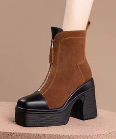 Boutique Zippered Splicing Chunky Heel Boots Brown SuedeMade of:-Suede Upper.-Rubber sole- cushioned insole.3.93"/10cm Chunky Heel Chunky Heel Boots, Chunky Heels Boots, Boots Brown, Heel Boots, Chunky Heel, Brown Suede, Brown Boots, Chunky Heels, Heeled Boots