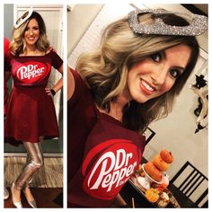 a woman wearing a dr pepper shirt and silver pants