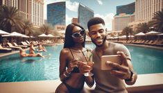 a man and woman taking a selfie in front of a swimming pool with their cell phone