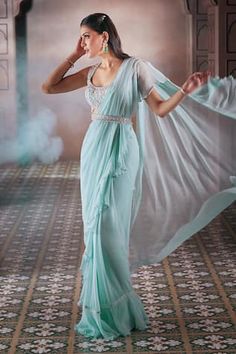 Powder blue pre-draped saree with ruffled palla and hem with pearl border. Comes with floral embroidered blouse and matching belt. - Aza Fashions Pearl Border, Ruffle Sarees, Draped Saree, Ruffle Saree, Drape Saree, Blue Saree, Dress Indian Style, Blouse For Women, Chiffon Ruffle