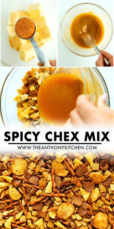 Processed shots on top showing a spoonful of Cajun spice over butter, and melted butter and spices being mixed together. There is a photo of Chuck's mix on the bottom. Texas Trash Recipe, Chex Mix Recipes Spicy, Creole Butter, Trash Recipe, Spicy Chex Mix, Sesame Snacks, Homemade Chex Mix Recipe, Texas Trash, Chex Mix Recipe