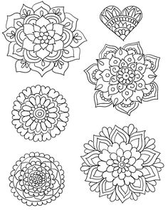 six different flower designs in black and white, each with an intricate design on the center