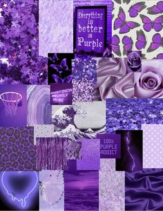 a collage of purple and white images with words on them that say everything is better in purple