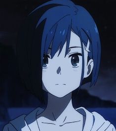 an anime character with blue hair staring at the camera