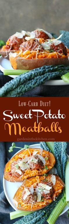 low carb sweet potato meatballs on a plate with celery and carrots