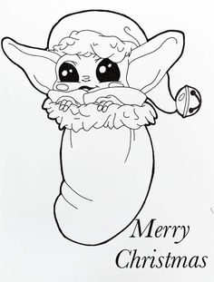 a black and white drawing of a baby yoda holding a christmas ornament