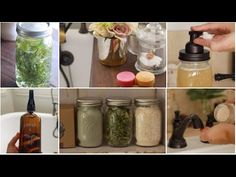 there are many different jars with herbs in them on the counter and one is holding a sprayer