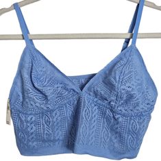 Aerie Blue Lace Bralette. Nwt. Size Large. T #43 Casual Beach Bra For Spring, Light Blue Summer Bra, Blue Summer Bra For Vacation, Blue Summer Vacation Bra, Summer Light Blue Bra With Built-in Support, Summer Light Blue Bra With Built-in Bra, Blue Seamless Bra For Loungewear, Casual Blue Fitted Bra, Lace Bralette