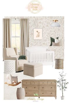 a baby's room with white furniture and wallpaper