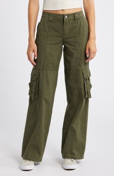 Keep it kicked back and carry on with trend-right cargo pants cut from sturdy cotton in a roomy fit. 32" inseam; 22" leg opening; 10" front rise; 14" back rise Zip fly with button closure Front slant pockets; cargo flap-patch pockets 100% cotton Machine wash, line dry Imported Green Baggy Full-length Cargo Jeans, Military Wide Leg Cargo Bottoms, Military Cargo Style Wide Leg Bottoms, Military Style Wide Leg Cargo Bottoms, Fall Full-length Cargo Pants With Multiple Pockets, Full Length Khaki Cargo Jeans For Fall, Green Wide Leg Cargo Jeans With Multiple Pockets, Utility Full-length Cargo Pants For Fall, Utility Cargo Pants Full Length For Fall