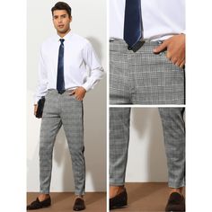 Lars Amadeus plaid dress pants for men feature a slim fit with a flat front and tapered skinny design. The checked trousers are made of 100% polyester, providing both comfort and stretch for freedom of movement. These pants can be paired with a shirt for a formal look or a casual tee for everyday wear. They are suitable for various occasions including work, business, workout, parties, and dates. The machine-washable fabric ensures easy maintenance. Tapered Dress Pants, Dress Pants For Men, Plaid Dress Pants, Checked Trousers, Mens Dress Pants, Pants For Men, Tapered Jeans, Formal Looks, Pocket Pants