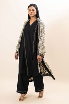 Black long kurta with lace inserts and kantha stitch details. Paired with a pant and hand embroidered kantha dupatta. - Aza Fashions Black Kaftan With Dupatta, Festive Black Kaftan With Chikankari Embroidery, Long Kurta, Women Kurta, Straight Kurta, Kantha Stitch, Kurta With Pants, Lace Insert, Set Women