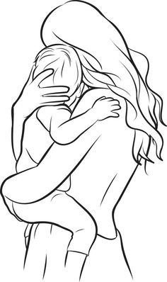 a black and white drawing of two people hugging each other