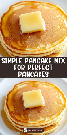 pancakes with butter and syrup on top are shown in two different pictures, one is topped with