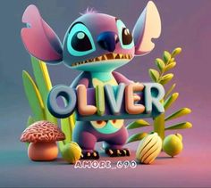 an animated cartoon character holding the word olliver in front of mushrooms and plants