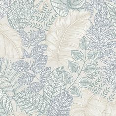 a blue and white wallpaper with leaves on the bottom right hand corner, in shades of green