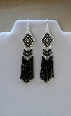 Native American Style Beaded Classic Earrings in Black and Silver Southwestern, Boho, Fringe, Gypsy, Native American Beadwork Earrings, Miyuki Beads Pattern, Beaded Chandelier Earrings, Green Peacock, Southwestern Boho, Native American Earrings, Native American Beaded Earrings, Native Beadwork, Brick Stitch Earrings