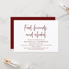 a red and white wedding card with the words food friends and aloha on it