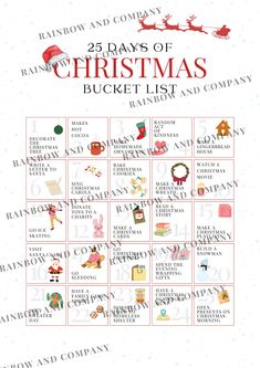 the 25 days of christmas bucket list is shown with santa's sleigh