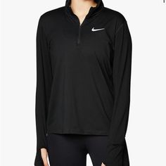 In Perfect Condition. Great For Running Black Half-zip Hoodie For Sports, Nike Workout Tops With Ribbed Cuffs, Moisture-wicking Black Hooded Top, Black Moisture-wicking Hooded Top, Black Half-zip Activewear For Winter, Black Half-zip Winter Activewear, Nike Half-zip Winter Top, Nike Long Sleeve Hoodie For Running, Nike Moisture-wicking Tops For Fall