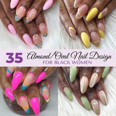 Nails Design On Dark Skin, Pink And Gold Almond Nails, Nails Design Black Women, Medium Nail Ideas, African Nails, Chrome Almond, Almond Nails Designs Summer, Almond Shaped Nails Designs, Oval Nail