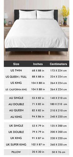 a bed with white sheets and pillows is shown in the size chart for each mattress