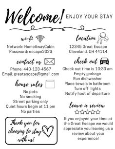 a black and white poster with the words welcome to you stay at home, enjoy your stay