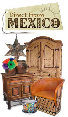 a chair, armoire, and cabinet with decorations on it are shown in this image