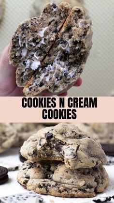 cookies n cream cookies are stacked on top of each other with the words, cookies n cream cookies