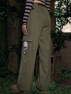 Get ready for Halloween with these Casual Printed Cargo Pants. Made from polyester, these pants feature a loose fit and non-stretch fabric for maximum comfort. With a spooky Halloween pattern and long length, these pants are perfect for any festive occasion. Detail: Style: Casual Pattern Type: Halloween Type: Cargo Pants Length: Long Fit Type: Loose Fabric: Non-Stretch Material: Fabric Composition: 100% Polyester Care Instructions: Machine wash or professional dry clean Size Chart(in): Size Hip Grunge Pants For Fall Streetwear, Skull Print Cotton Bottoms For Streetwear, Green Grunge Bottoms For Streetwear, Baggy Grunge Cargo Pants For Fall, Cotton Straight Leg Bottoms For Halloween, Straight Leg Cotton Bottoms For Halloween, Halloween Straight Leg Cotton Bottoms, Halloween Cotton Straight Leg Bottoms, Grunge Bottoms With Pockets For Cosplay