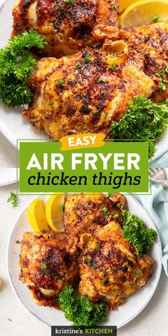 easy air fryer chicken thighs on a plate with lemons and parsley