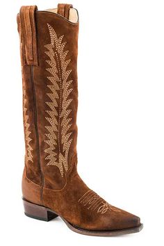 Brown Oiled Suede Vamp And 15" Shaft Unique Vintage Embroidery Handmade Cowboy Boot Snip Toe Single Welt Stacked Heel Lemonwood Peg and Brass Nail Construction All Leather Lining Leather Leather Sole 16 Inch Shaft Leather Lining Suede Cowboy Boots, Cowboy Boots Women, Cowboy Boot, Vintage Embroidery, Stacked Heel, Unique Vintage, Cowboy Boots, Leather Boots, Cowboy