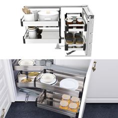 an open cabinet with plates and bowls in it next to another opened drawer filled with dishes