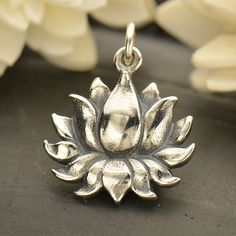 Large Sterling Silver Textured Blooming Lotus Charm Lotus Flower Accessories, Lotus Jwellary, Elegant Lotus Flower Jewelry Gift, Sterling Silver Jewelry With Lotus Flower Shape, Silver Lotus Flower Necklace, Blooming Lotus, Lotus Jewelry, Sterling Silver Charm Bracelet, Yoga Jewelry