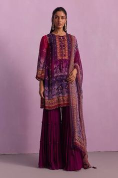 Purple ombre kurta with printed mughal floral motifs, embellished by beads, sequins and front tie. Comes with tiered sharara and dupatta. - Aza Fashions Purple Sharara, Indian Western Dress, Mens Indian Wear, Short Kurta, Traditional Indian Outfits, Sharara Set, Indian Clothing, Kaftan Dress, Western Dresses