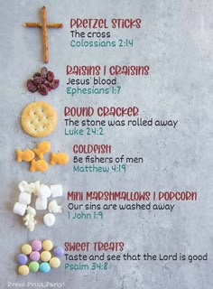 a cross and some candy on a table with the names of different things in it